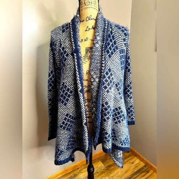 BCBGMAXAZRIA blue waterfall geometric open cardigan boho cozy soft medium office - Picture 1 of 7